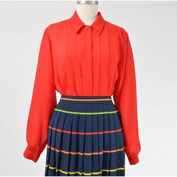 Vintage 80s Red Pleated Blouse Semi Sheer Top Collared Button Down Blouse M - Picture 3 of 8